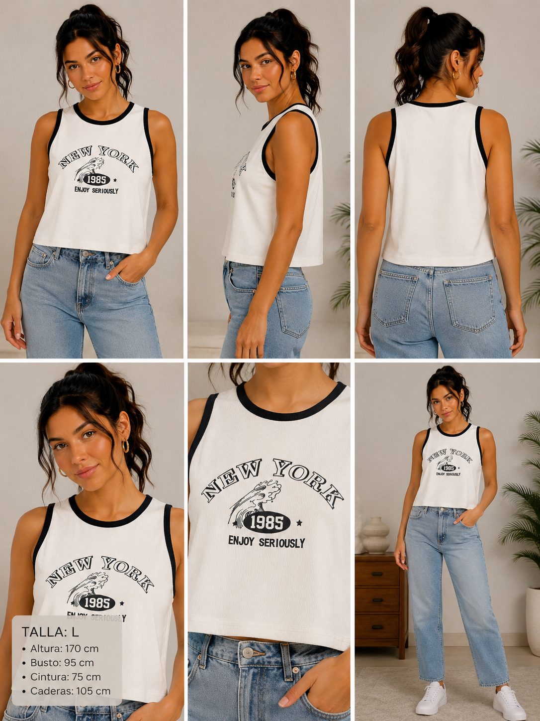 Top Corto Deportivo “New York 1985” – Blanco con Detalles Negros