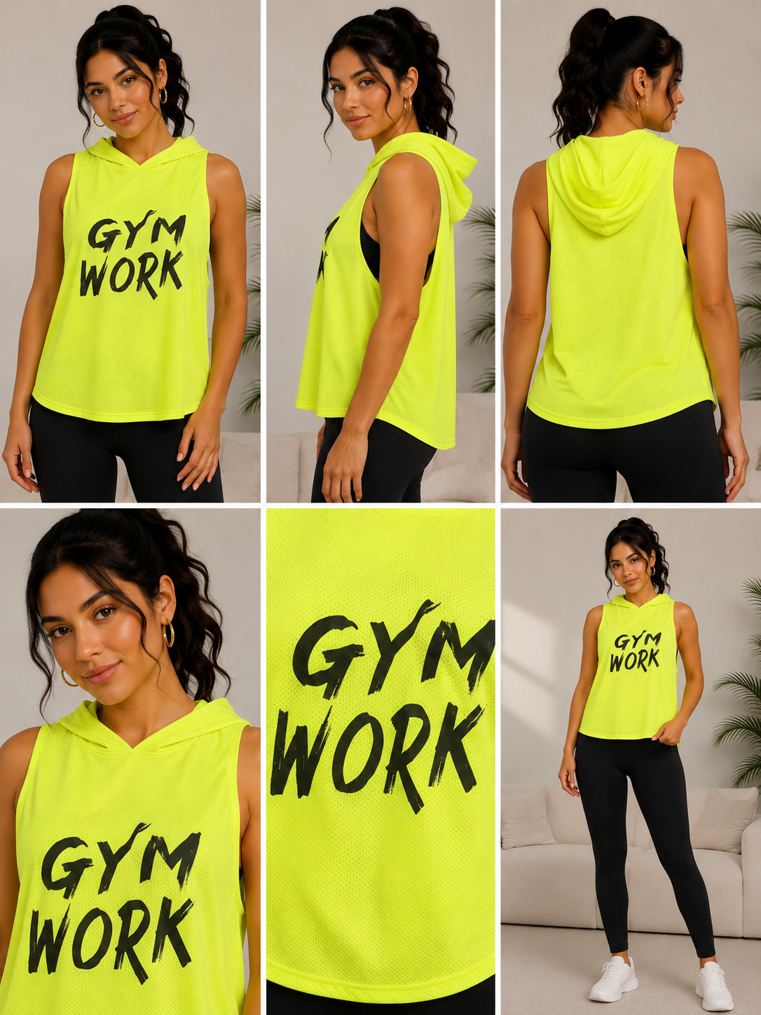 Camiseta Deportiva sin Mangas con Capucha “GYM WORK” – Verde Neón