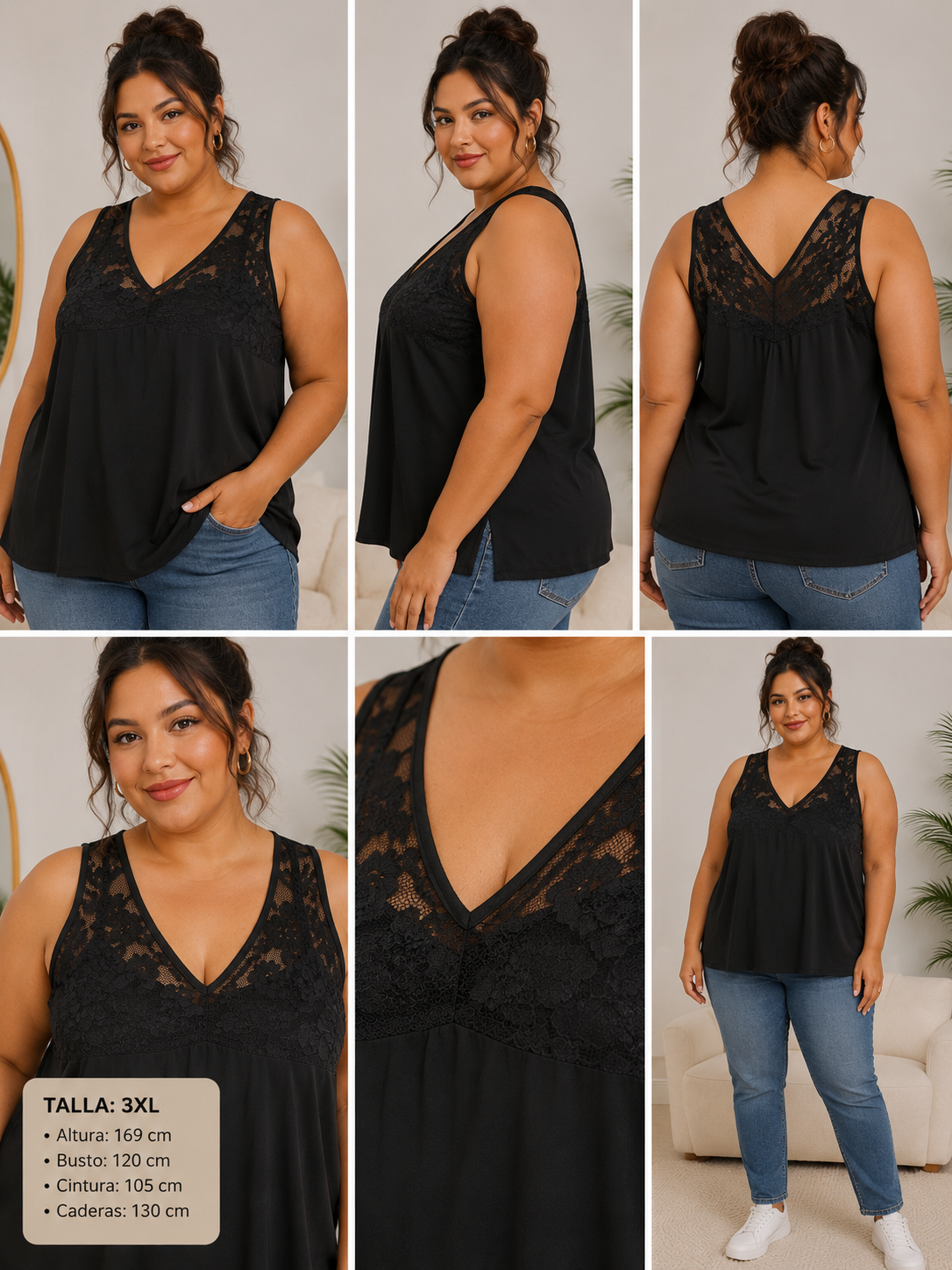 Blusa Sin Mangas con Encaje Floral – Negra Plus Size