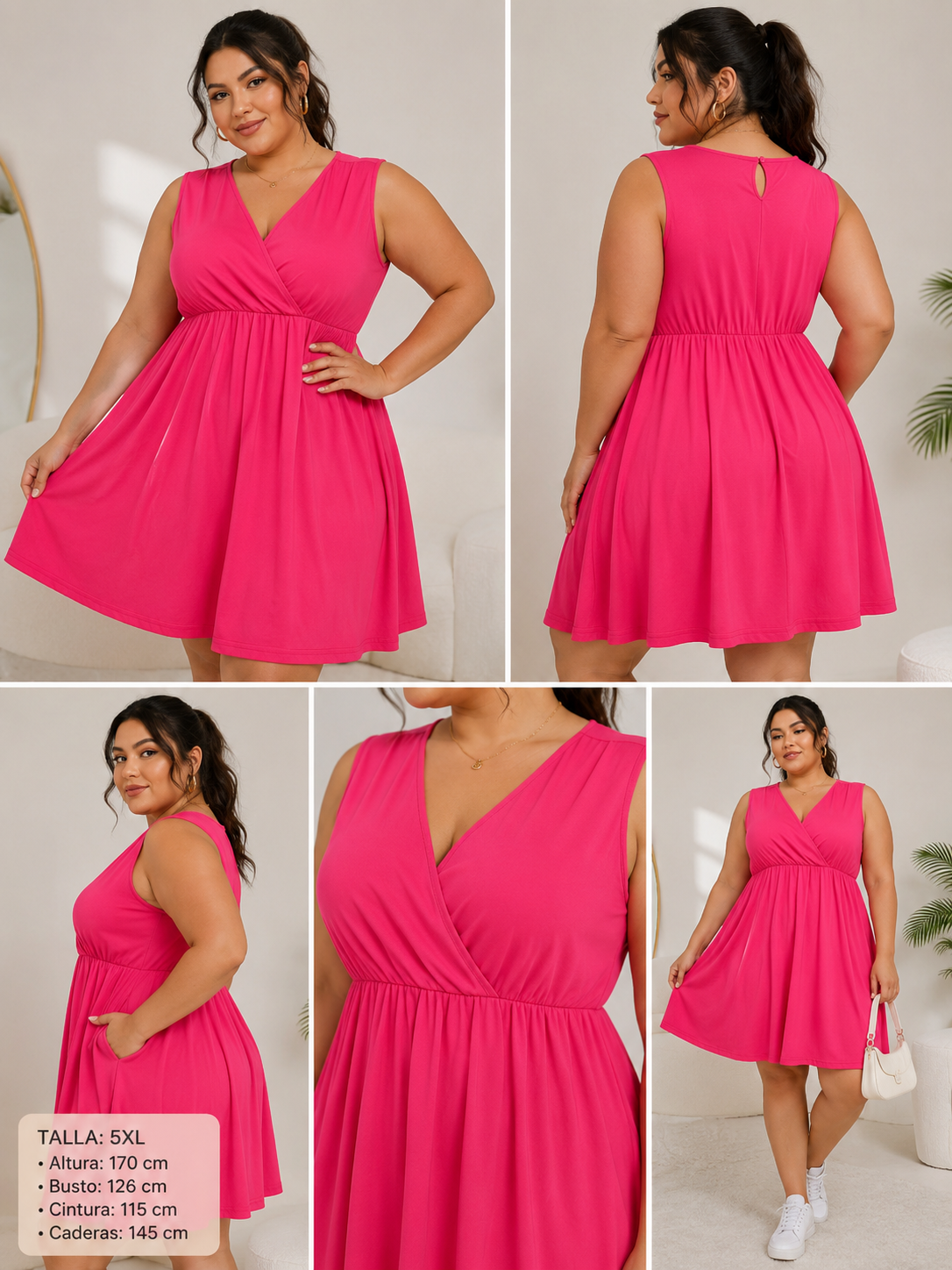 Vestido Corto Cruzado Sin Mangas – Fucsia Plus Size