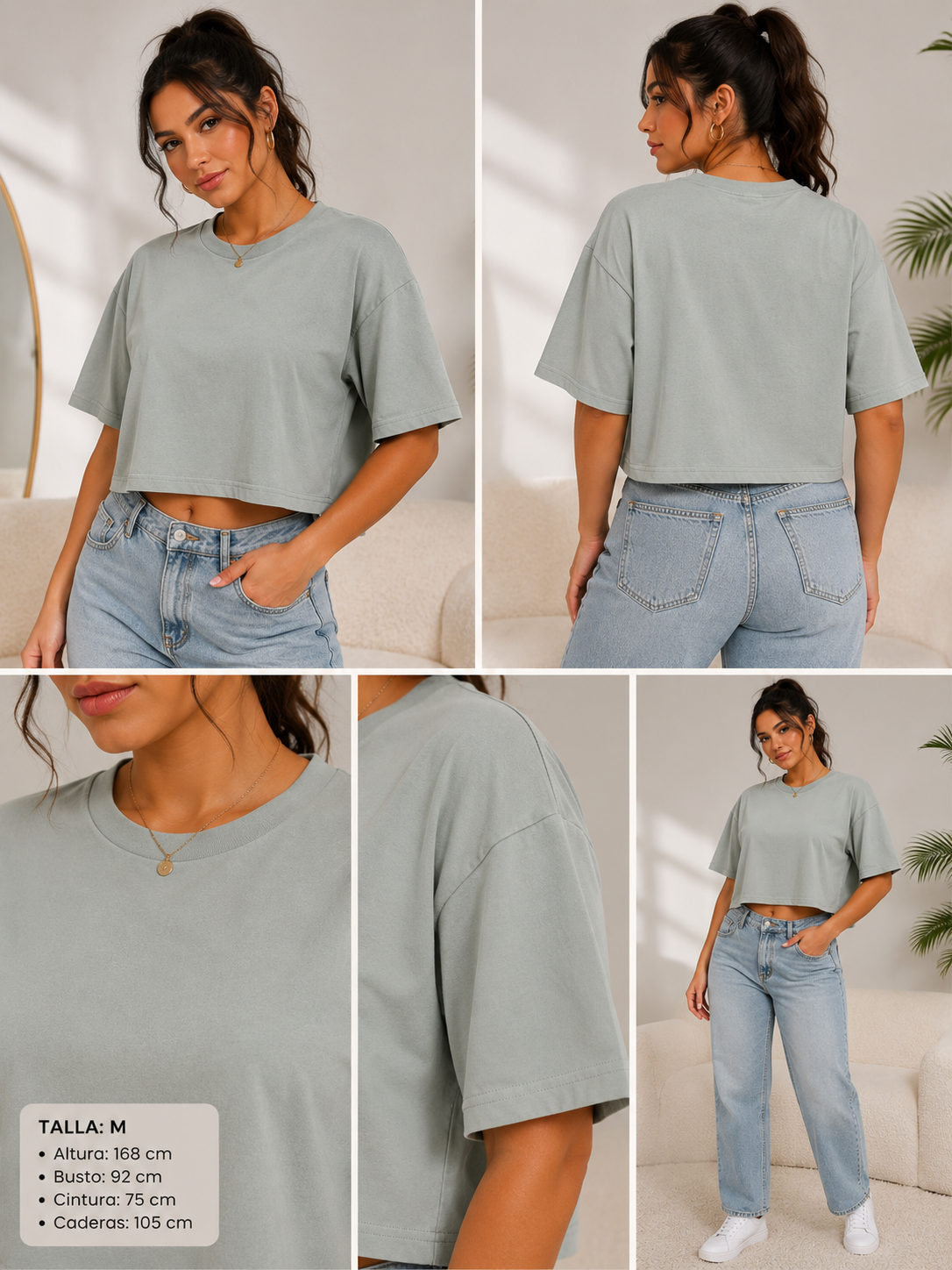 Camiseta Crop Oversize de Algodón – Verde Salvia