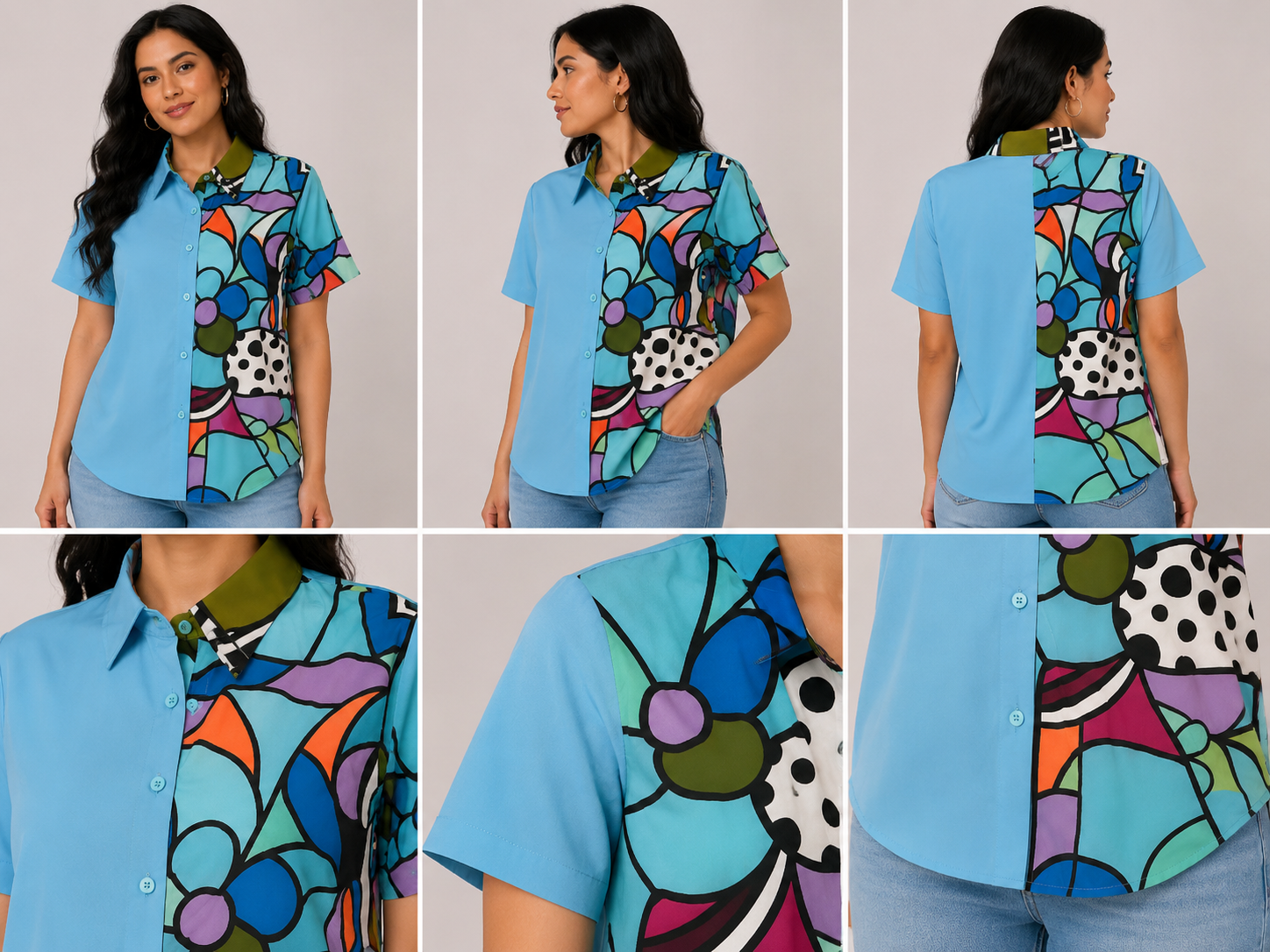 Blusa de Botones con Diseño Artístico para Mujer – Azul Multicolor