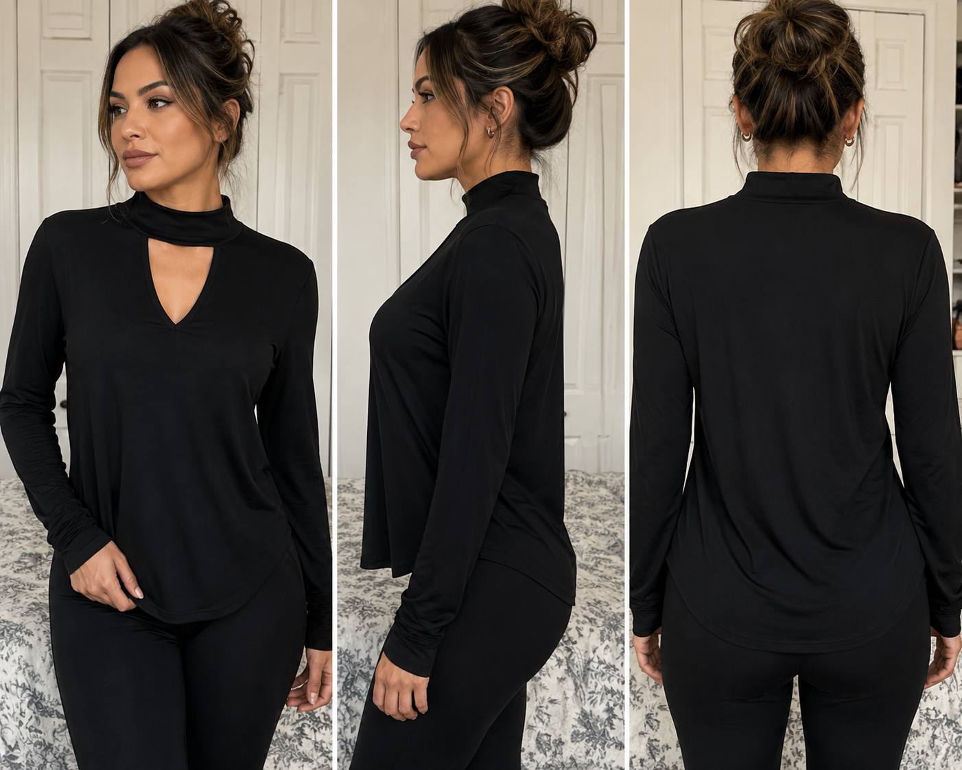 Blusa Negra de Manga Larga con Cuello Alto y Abertura en V