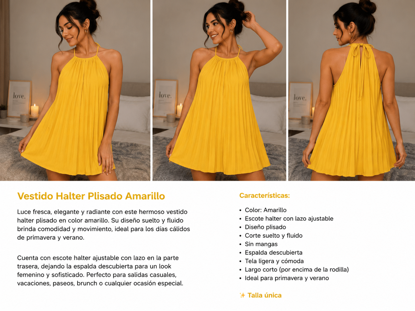 Vestido Halter Plisado Amarillo para Mujer