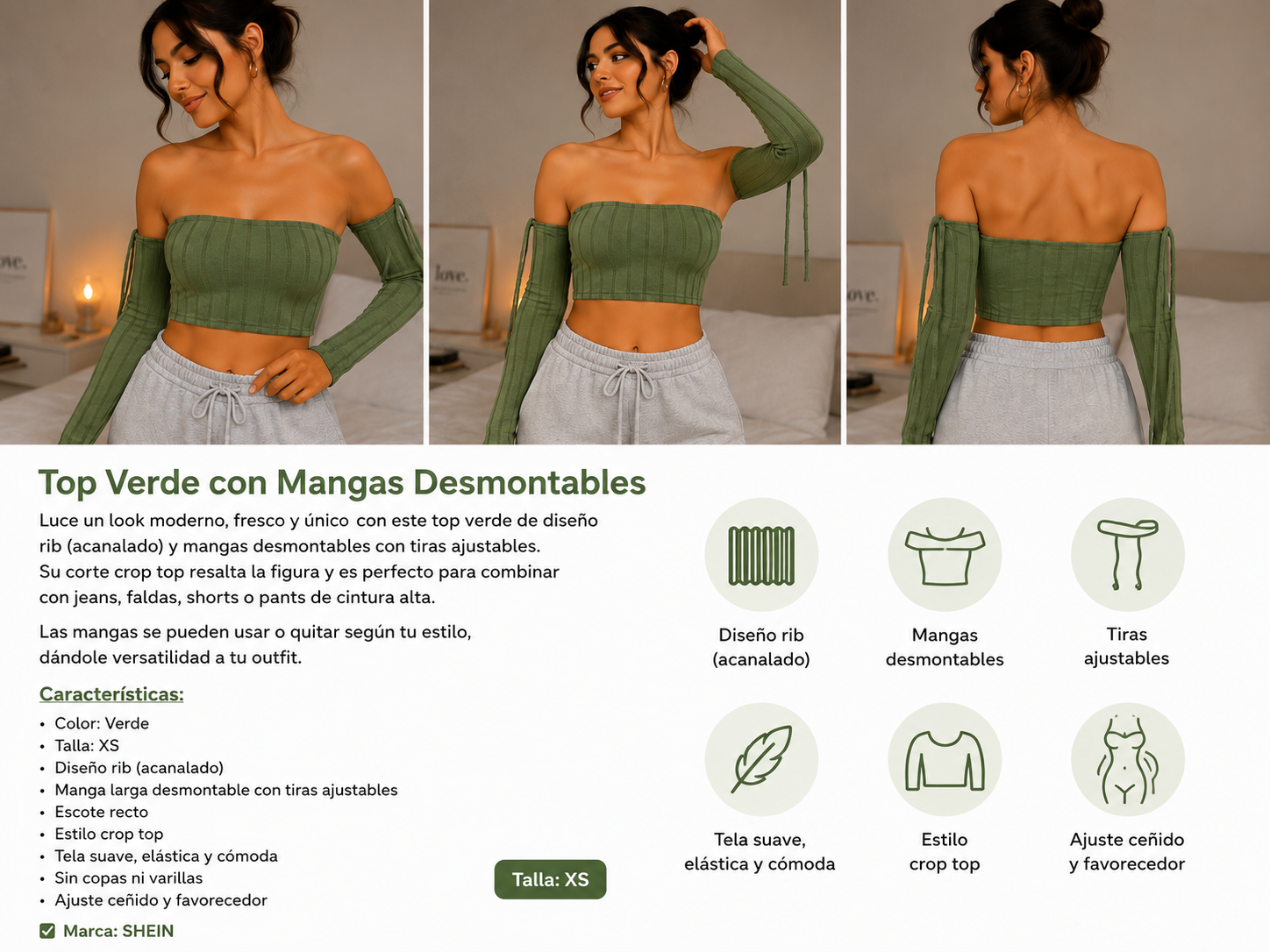 Top Crop Verde con Mangas Desmontables – SHEIN (Talla XS)Top Crop Verde con Mangas Desmontables – SHEIN (Talla XS)