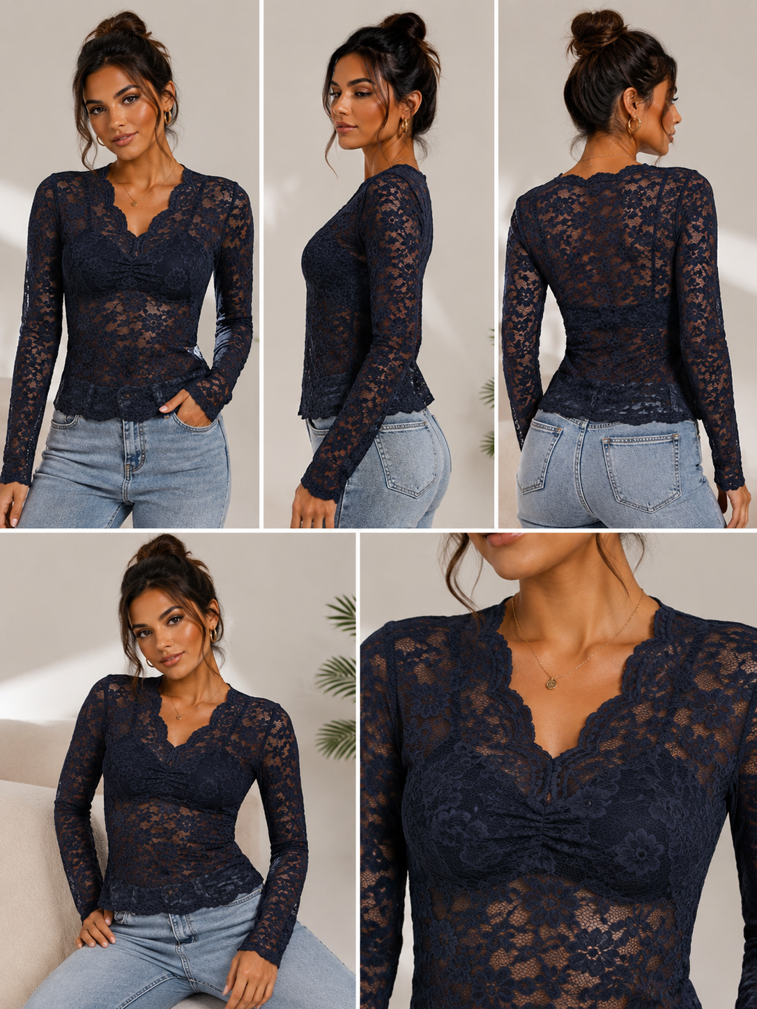 Blusa de Encaje Floral de Manga Larga – Azul Marino