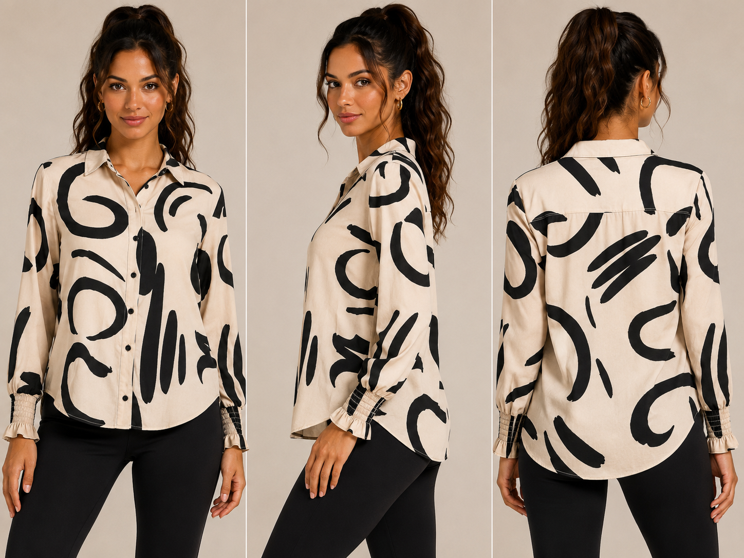 Camisa Estampada Abstracta en Beige y Negro